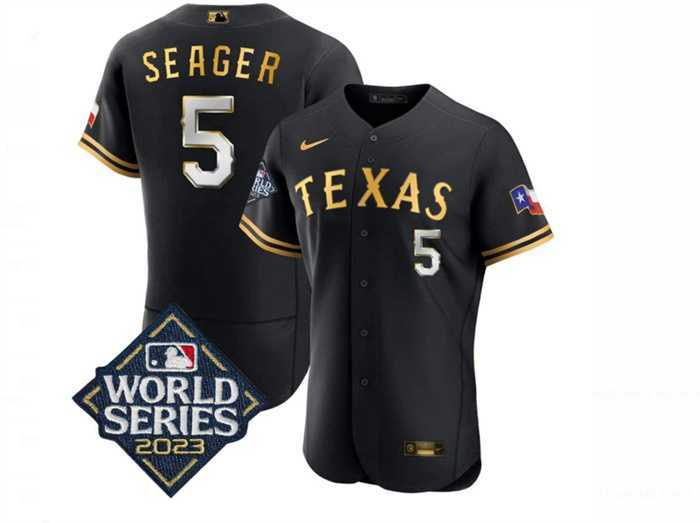 Men's Texas Rangers #5 Corey Seager Black Gold 2023 World Series Flex Base Stitched Baseball Jersey Dzhi,We sell and wholesale Men's Texas Rangers #5 Corey Seager Black Gold 2023 World Series Flex Base Stitched Baseball Jersey Dzhi on line form chian!